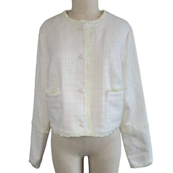 RYEGRASS Cropped Tweed Fringe Jacket Size M Cream Pistachio Green Parisian Chic - Picture 1 of 12